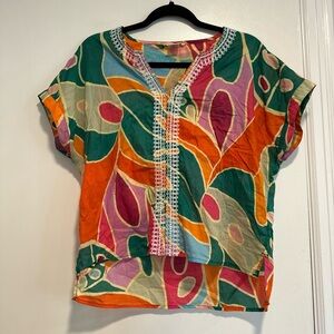 Christian Siriano Women’s z: M Bold Geometric Multicolored Embroidered Print Top